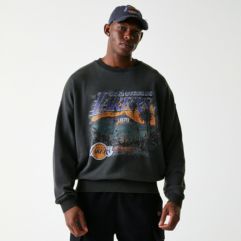 Los Angeles Lakers Washed Oversized NBA Crew Neck Sweater Dark Gray Lifestyle