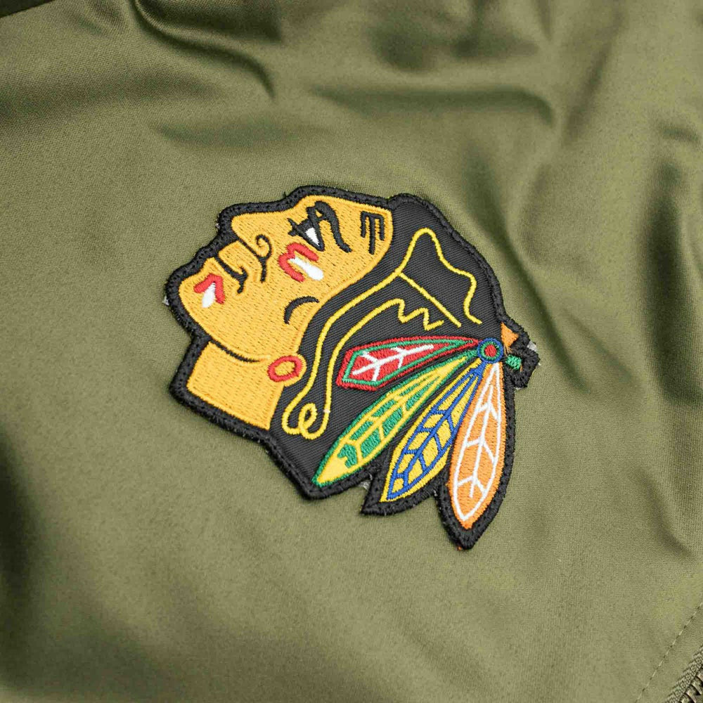Chicago Blackhawks Olive Mitchell & Ness Heavyweight Satin NHL Jacket Taass sale