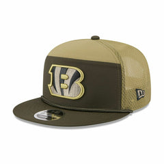 Cincinnati Bengals 2025 NFL Salute to Service 9FIFTY Split Panel Trucker Snapback Cap Olive Taass for sale