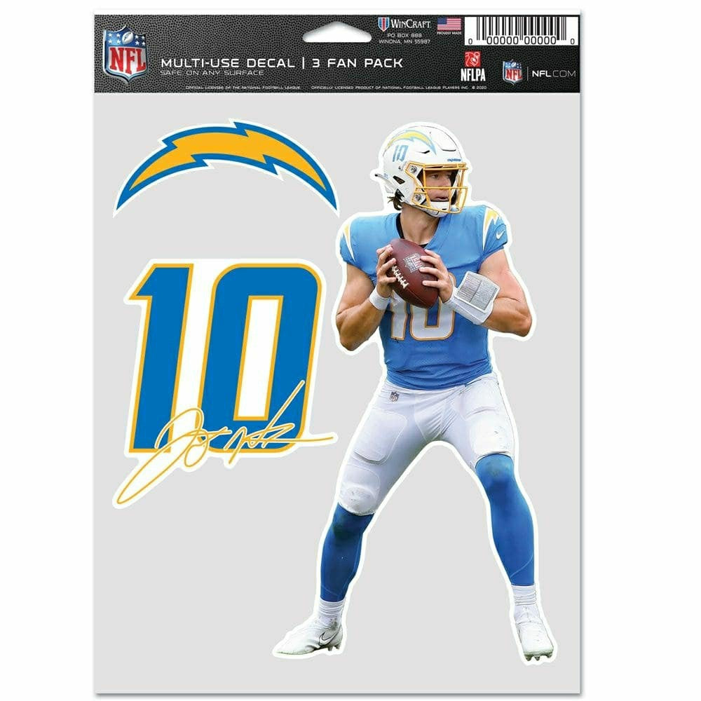 Justin Herbert #10 Los Angeles Chargers Player NFL Decals Set (3 Pcs.) Lifestyle