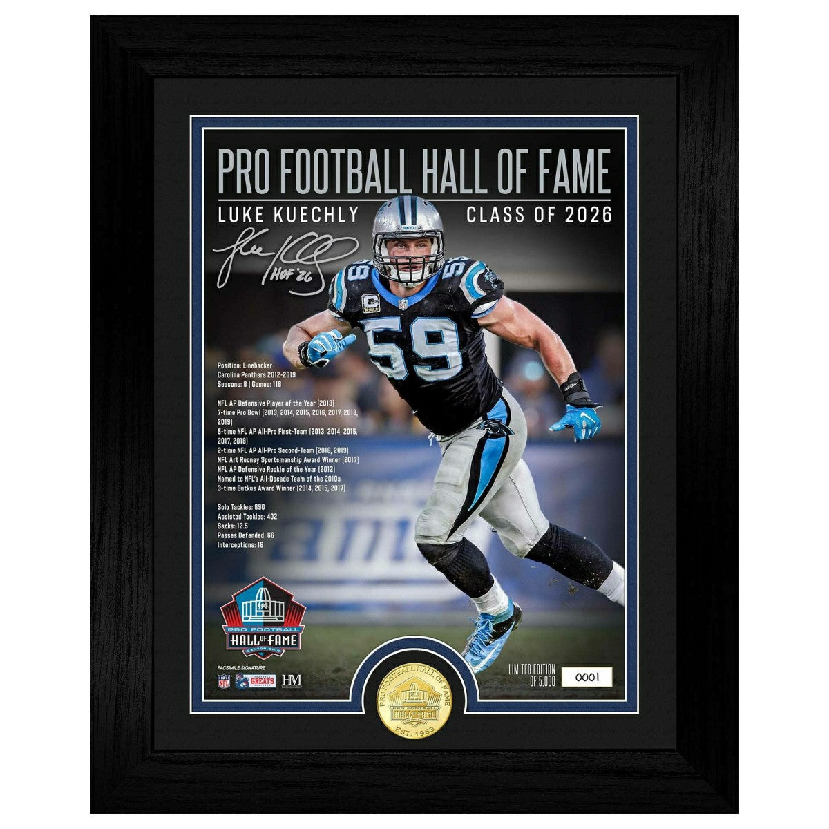 Luke Kuechly Carolina Panthers Hall of Fame Bronze Coin Framed NFL Photo Classic