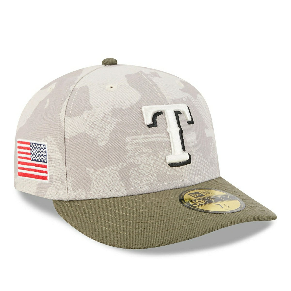 Texas Rangers 2025 MLB Authentic Armed Forces Pre-Curved 59FIFTY Fitted Cap Taass for sale