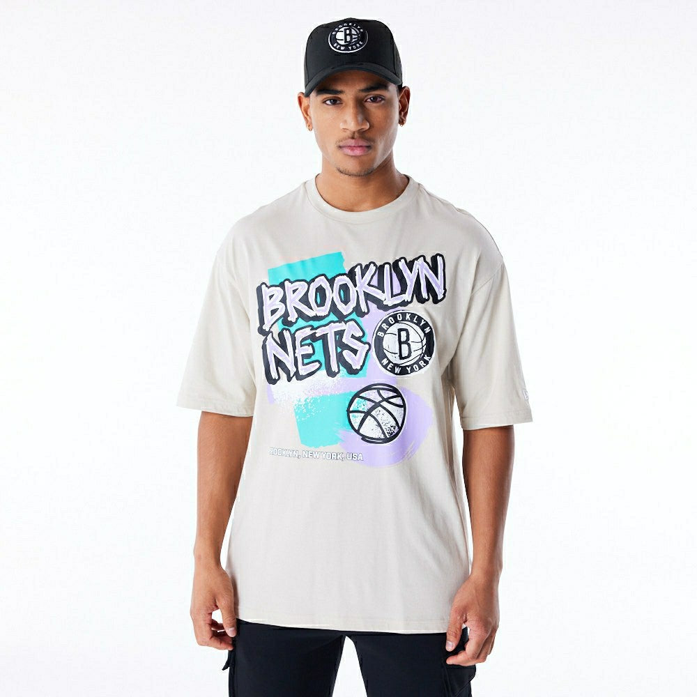Brooklyn Nets Retro New Era Oversized NBA T-Shirt Beige Taass for sale