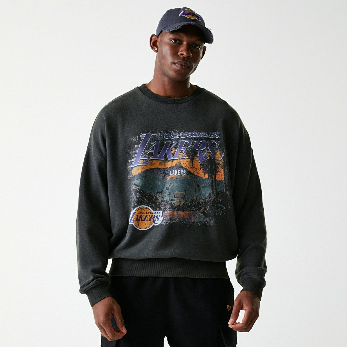 Los Angeles Lakers Washed Oversized NBA Crew Neck Sweater Dark Gray Lifestyle