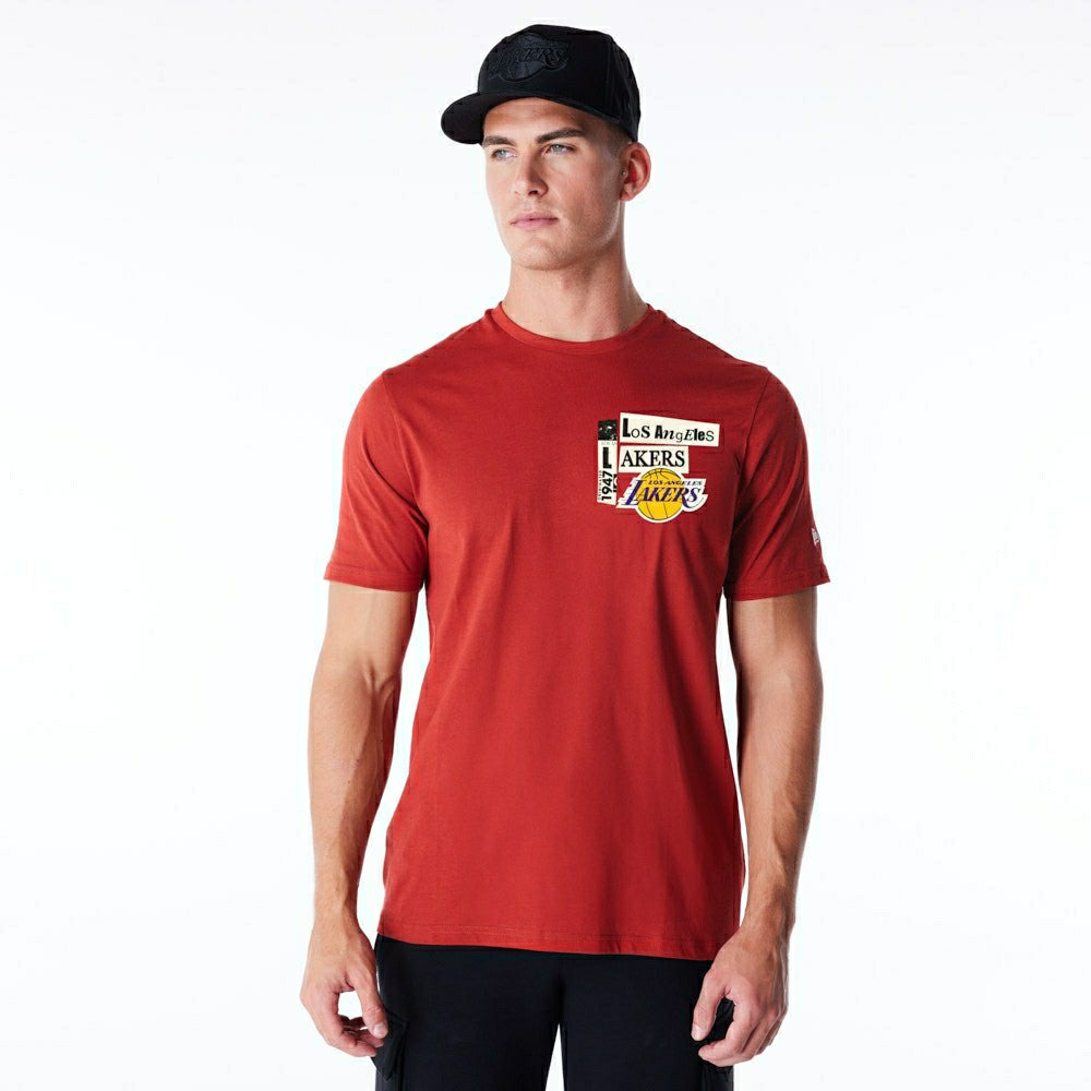 Los Angeles Lakers Newspaper Script New Era NBA T-Shirt Red Taass for sale