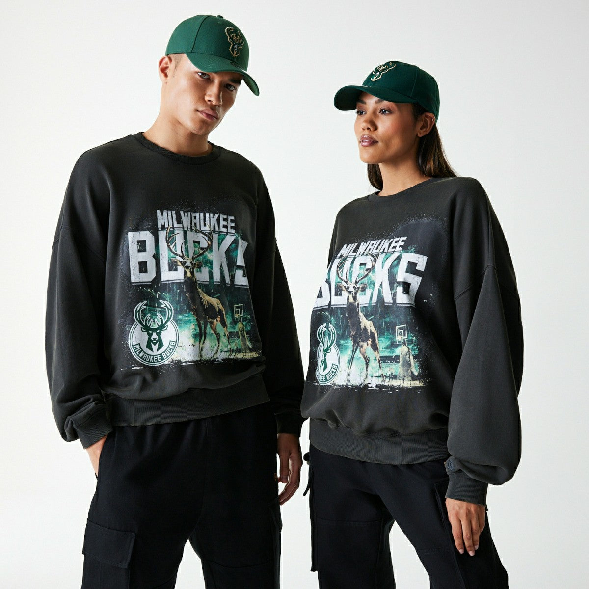 Milwaukee Bucks Washed Oversized NBA Crew Neck Sweater Dark Gray Taass for sale
