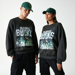 Milwaukee Bucks Washed Oversized NBA Crew Neck Sweater Dark Gray Taass for sale