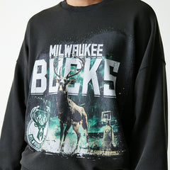 Milwaukee Bucks Washed Oversized NBA Crew Neck Sweater Dark Gray Taass for sale