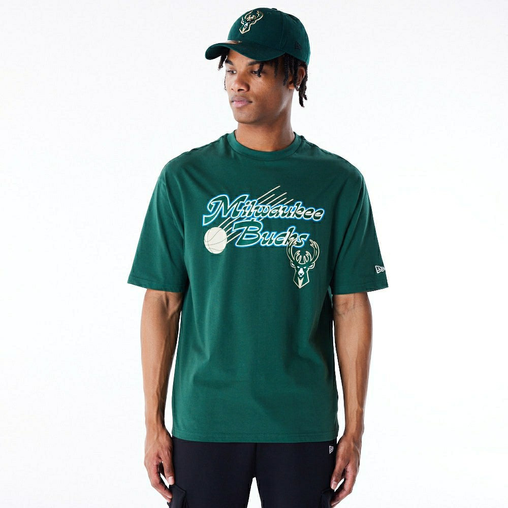 Milwaukee Bucks Script New Era Oversized NBA T-Shirt Green Classic