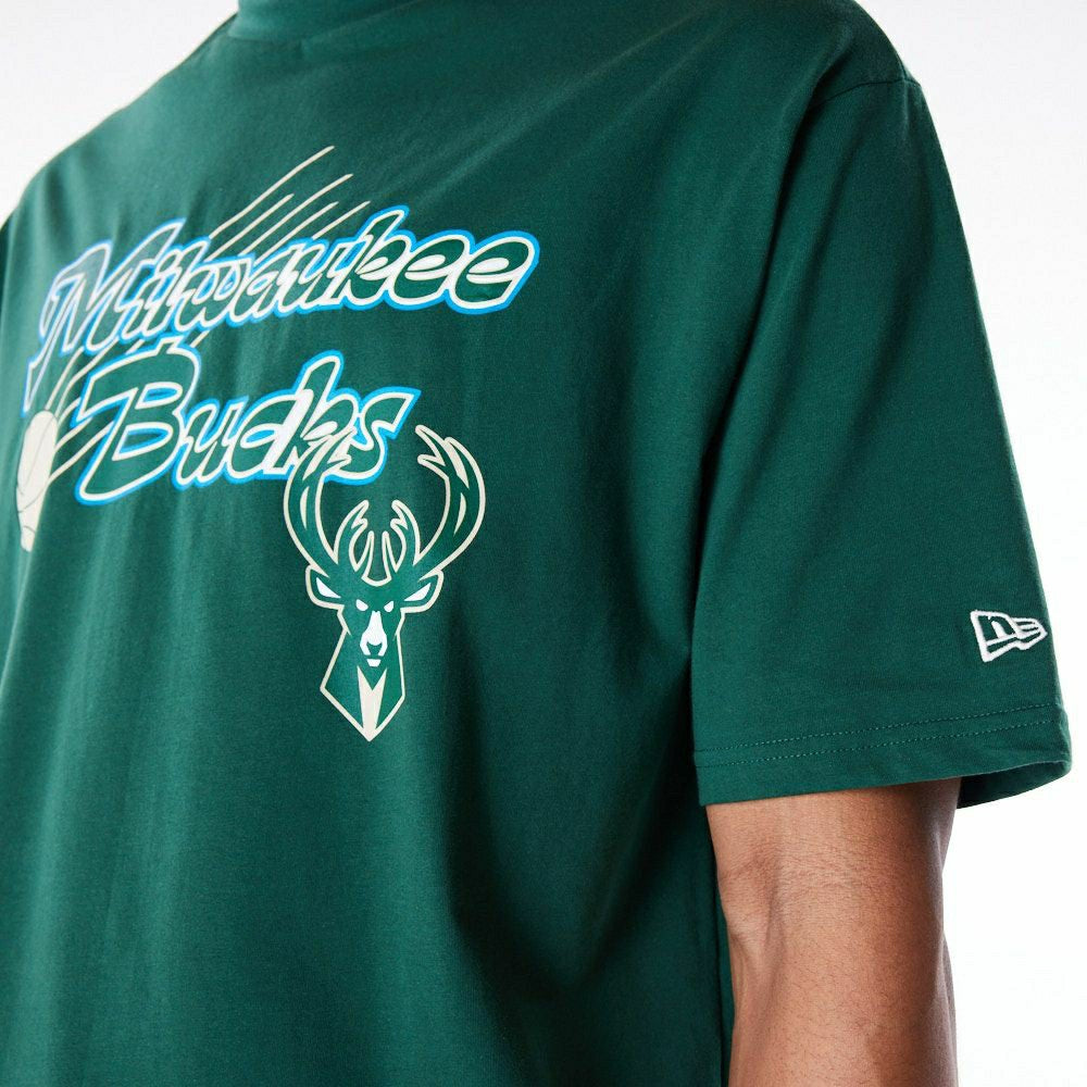 Milwaukee Bucks Script New Era Oversized NBA T-Shirt Green Classic
