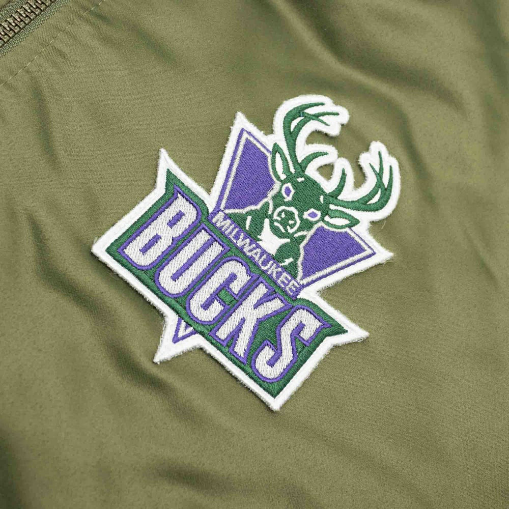 Milwaukee Bucks Olive Mitchell & Ness Heavyweight Satin NBA Jacket Taass for sale