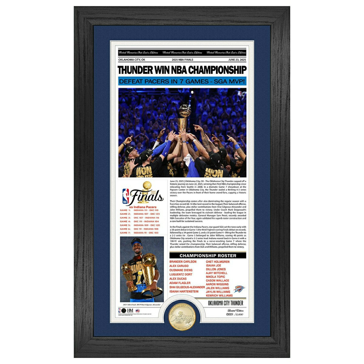 Oklahoma City Thunder 2025 NBA Champions Bronze Coin Framed Newspaper Photo Taass sale