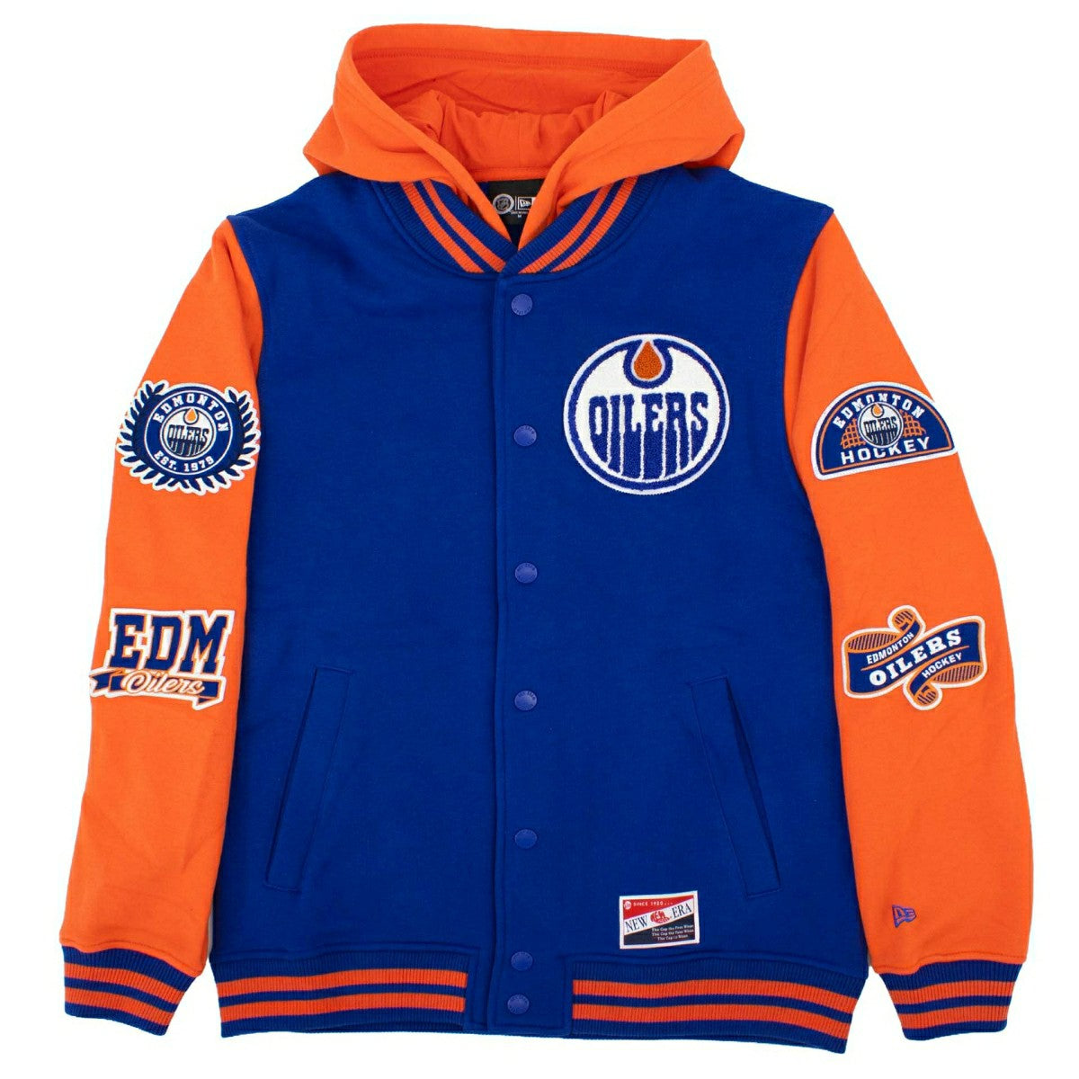 Edmonton Oilers Full Snap Patch NHL Jacket Blue/Orange Taass sale