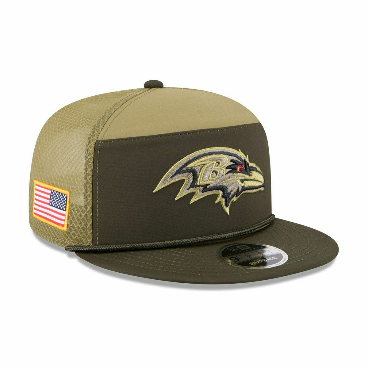 Baltimore Ravens 2025 NFL Salute to Service 9FIFTY Split Panel Trucker Snapback Cap Olive Taass sale