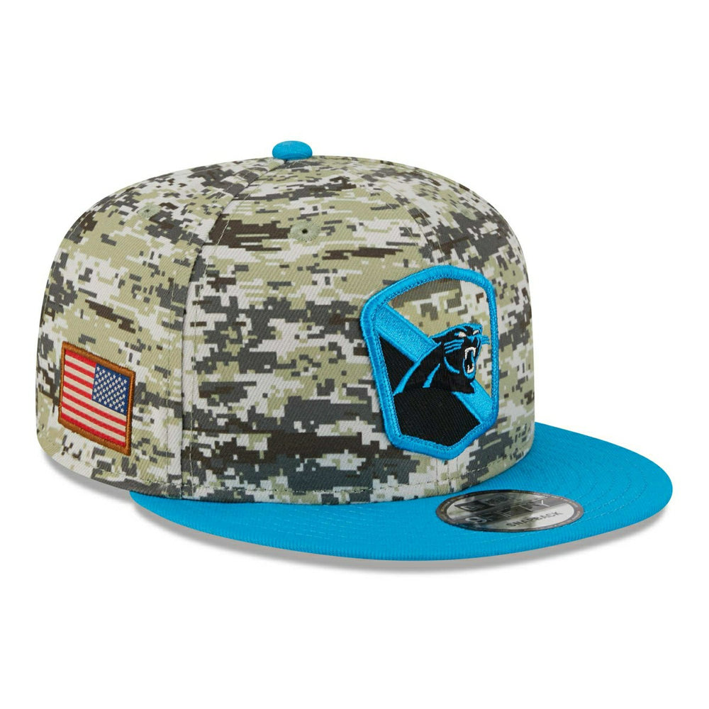 Carolina Panthers Camo 2023 NFL Salute to Service New Era 9FIFTY Snapback Cap Lifestyle