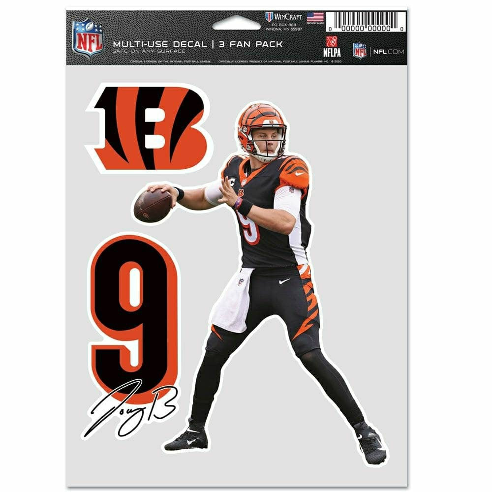 Joe Burrow #9 Cincinnati Bengals Player NFL Decals Set (3 Pcs.) Taass for sale