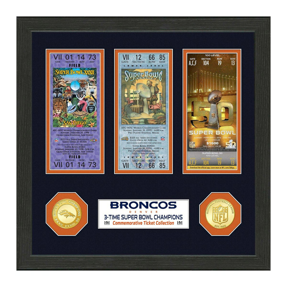 Denver Broncos 3-Time Super Bowl Champions Tickets Bronze Coins Framed NFL Photo Classic