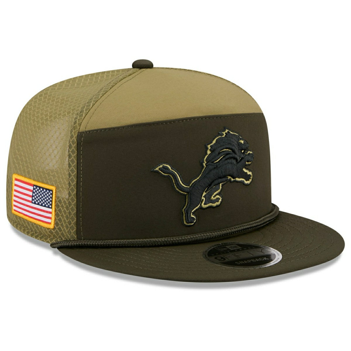 Detroit Lions 2025 NFL Salute to Service 9FIFTY Split Panel Trucker Snapback Cap Olive Lifestyle