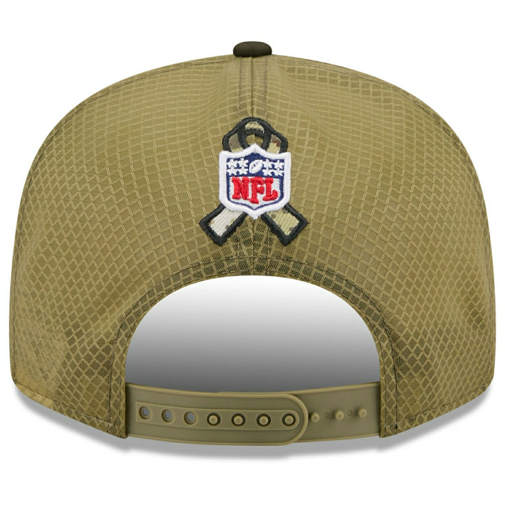 Detroit Lions 2025 NFL Salute to Service 9FIFTY Split Panel Trucker Snapback Cap Olive Lifestyle