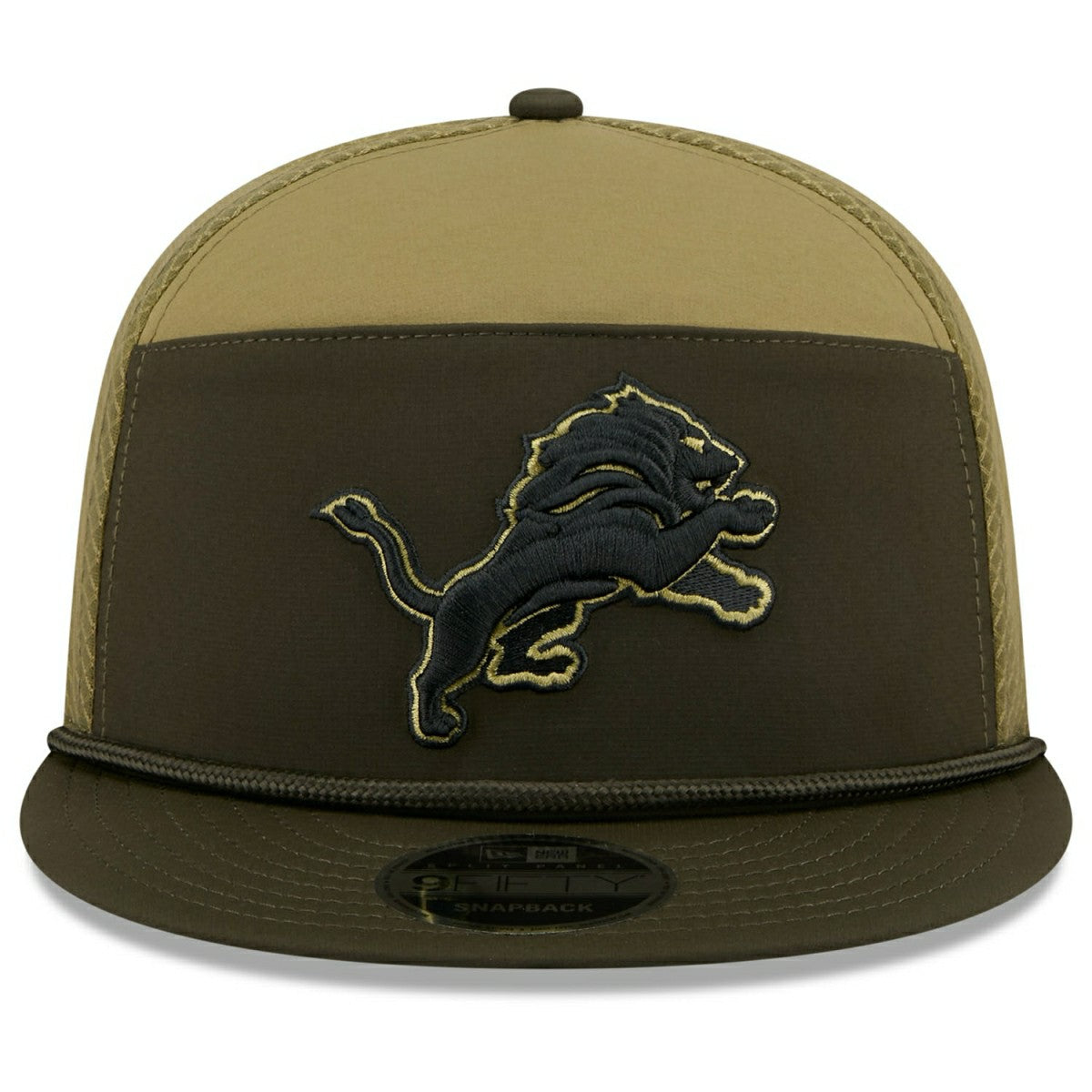 Detroit Lions 2025 NFL Salute to Service 9FIFTY Split Panel Trucker Snapback Cap Olive Lifestyle
