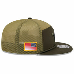 Detroit Lions 2025 NFL Salute to Service 9FIFTY Split Panel Trucker Snapback Cap Olive Lifestyle