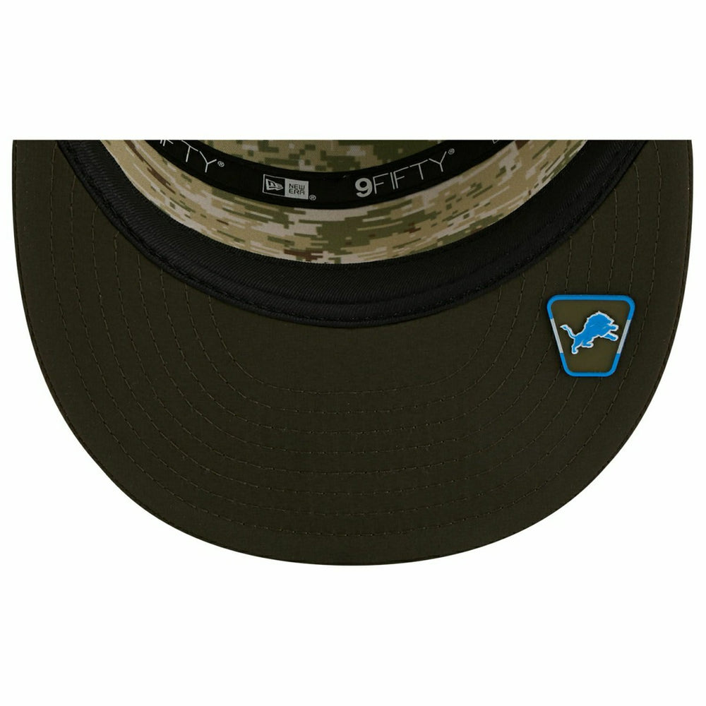 Detroit Lions 2025 NFL Salute to Service 9FIFTY Split Panel Trucker Snapback Cap Olive Lifestyle