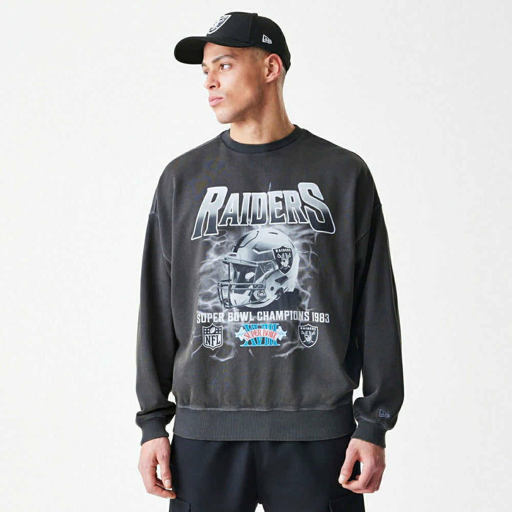 Las Vegas Raiders Washed Oversized NFL Crew Neck Sweater Dark Gray Classic