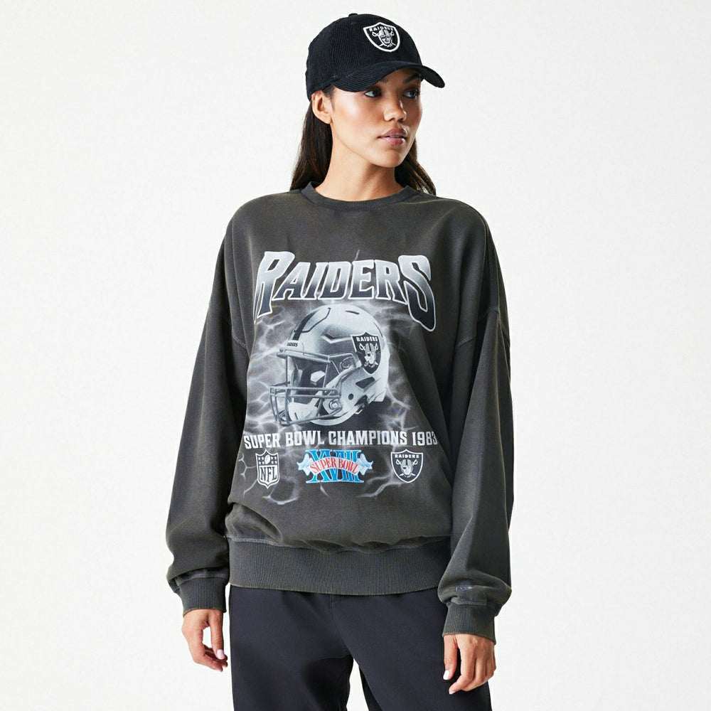 Las Vegas Raiders Washed Oversized NFL Crew Neck Sweater Dark Gray Classic