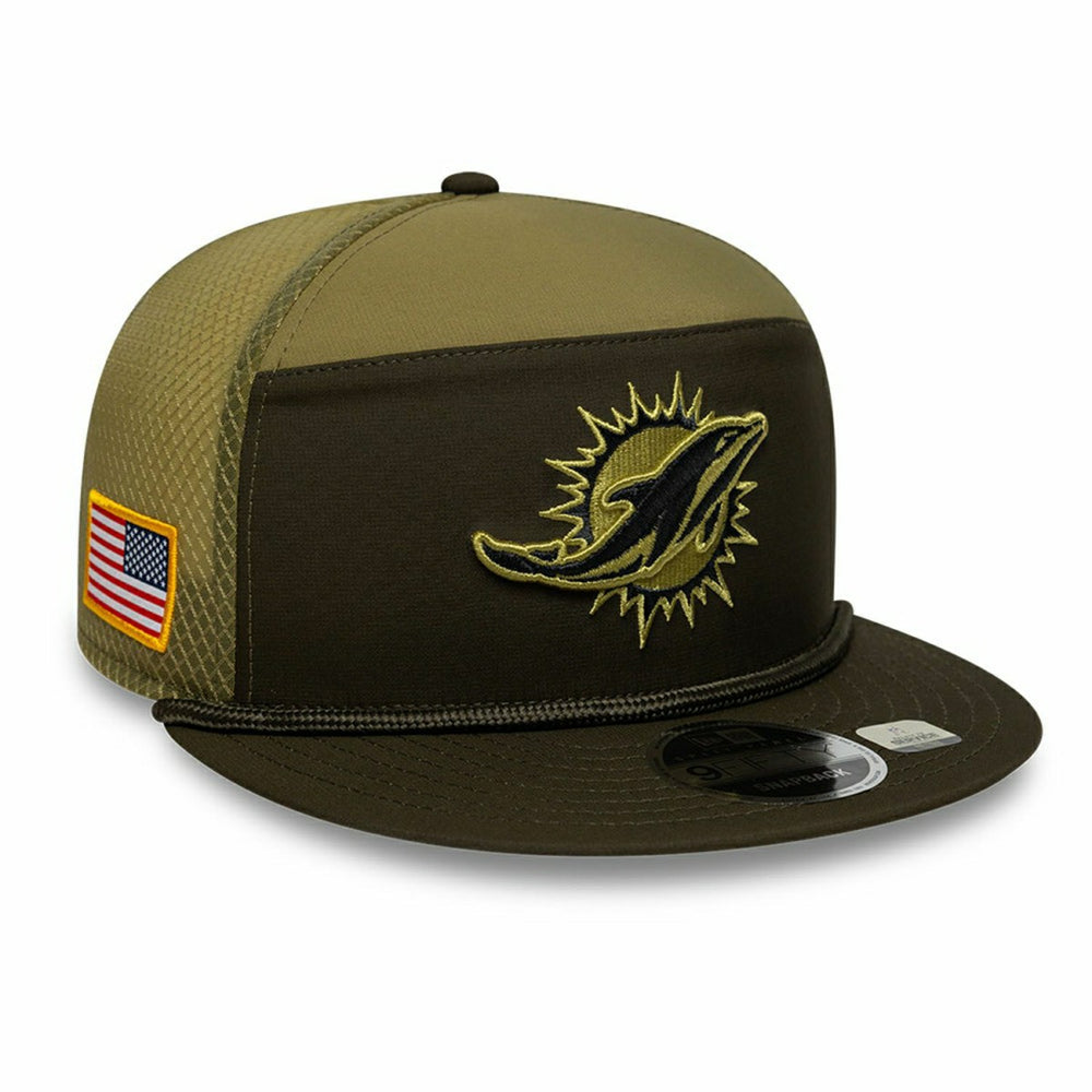 Miami Dolphins 2025 NFL Salute to Service 9FIFTY Split Panel Trucker Snapback Cap Olive Taass for sale