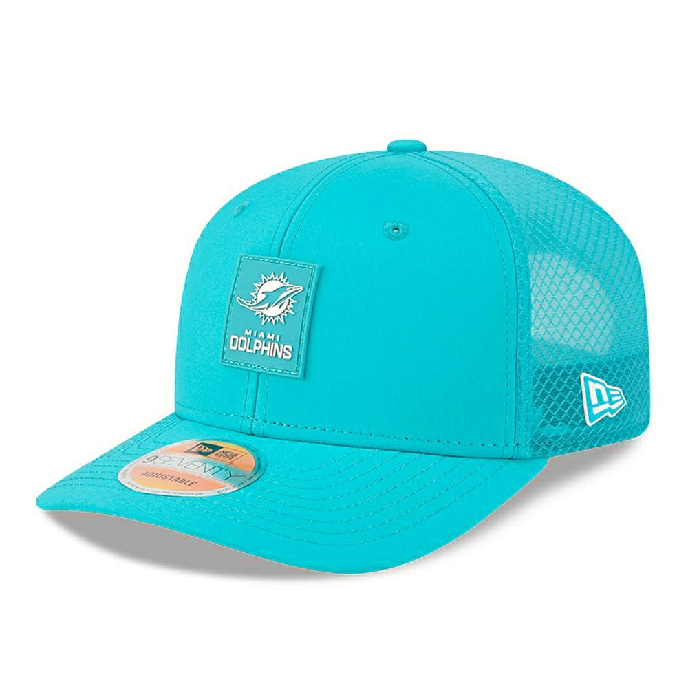 Miami Dolphins 2025 NFL On-Field Sideline 9SEVENTY Trucker Snapback Cap Aqua Lifestyle