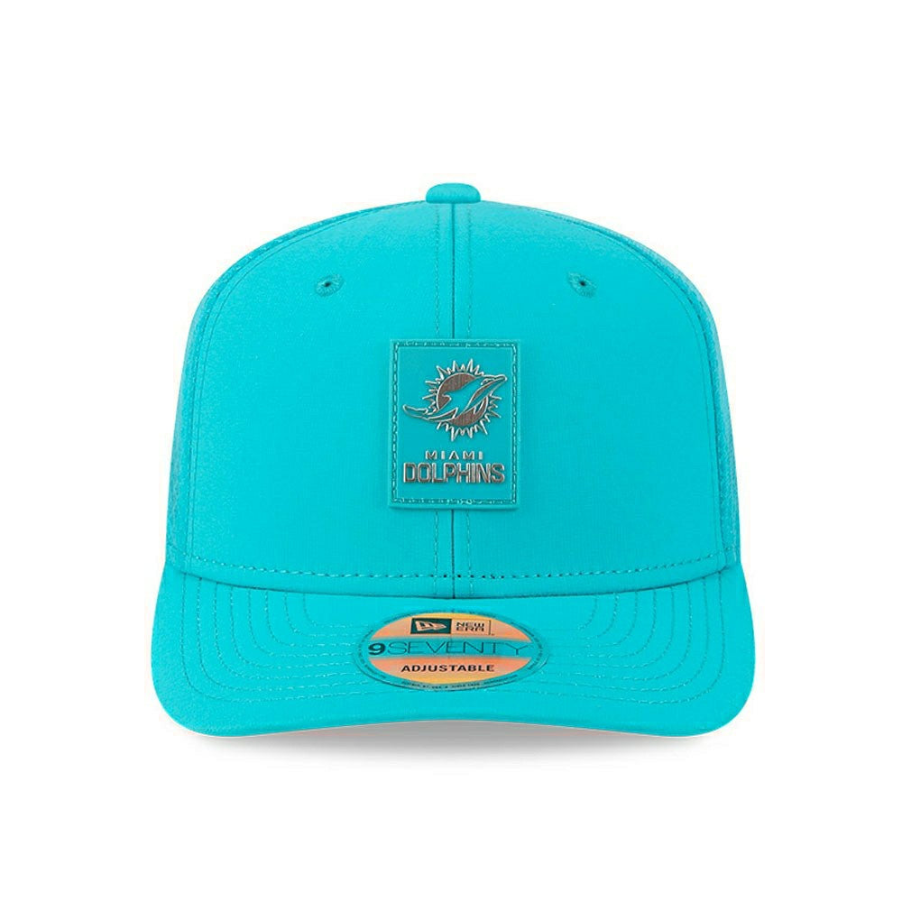 Miami Dolphins 2025 NFL On-Field Sideline 9SEVENTY Trucker Snapback Cap Aqua Lifestyle