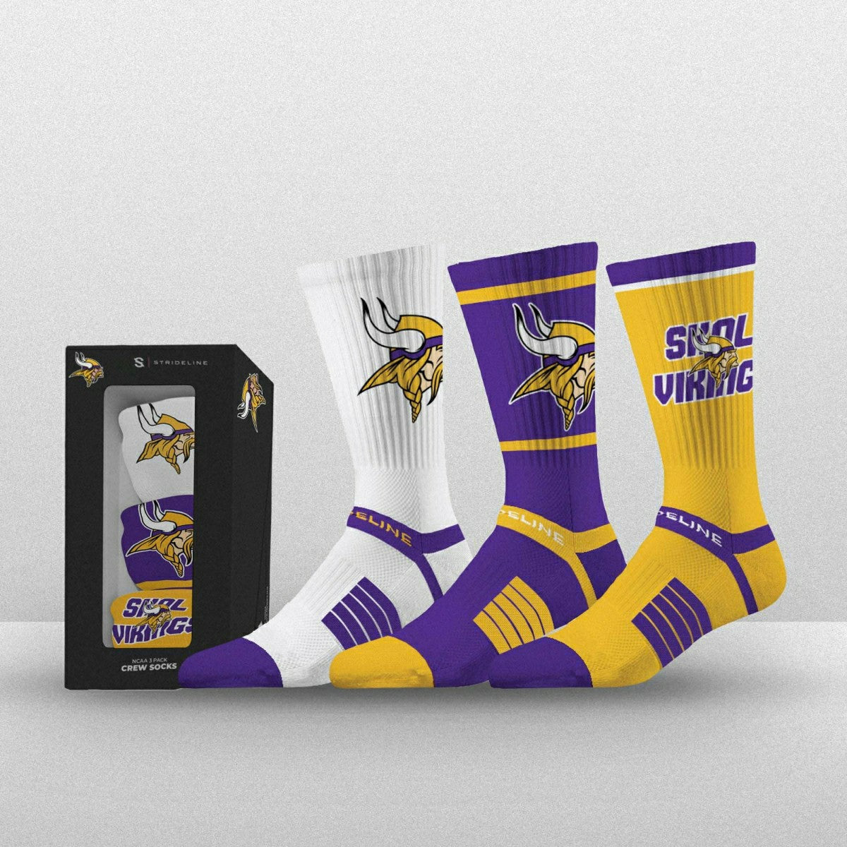 Minnesota Vikings Strideline Premium NFL Crew Socks 3-Pack Box Taass for sale
