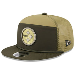 Pittsburgh Steelers 2025 NFL Salute to Service 9FIFTY Split Panel Trucker Snapback Cap Olive Lifestyle