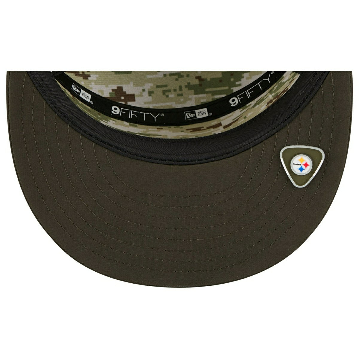 Pittsburgh Steelers 2025 NFL Salute to Service 9FIFTY Split Panel Trucker Snapback Cap Olive Lifestyle