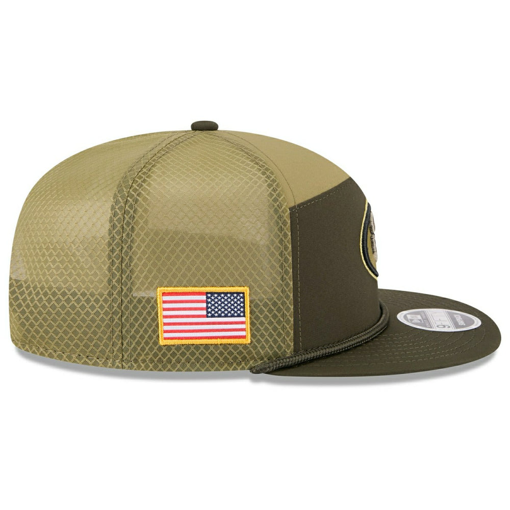 San Francisco 49ers 2025 NFL Salute to Service 9FIFTY Split Panel Trucker Snapback Cap Olive Taass US