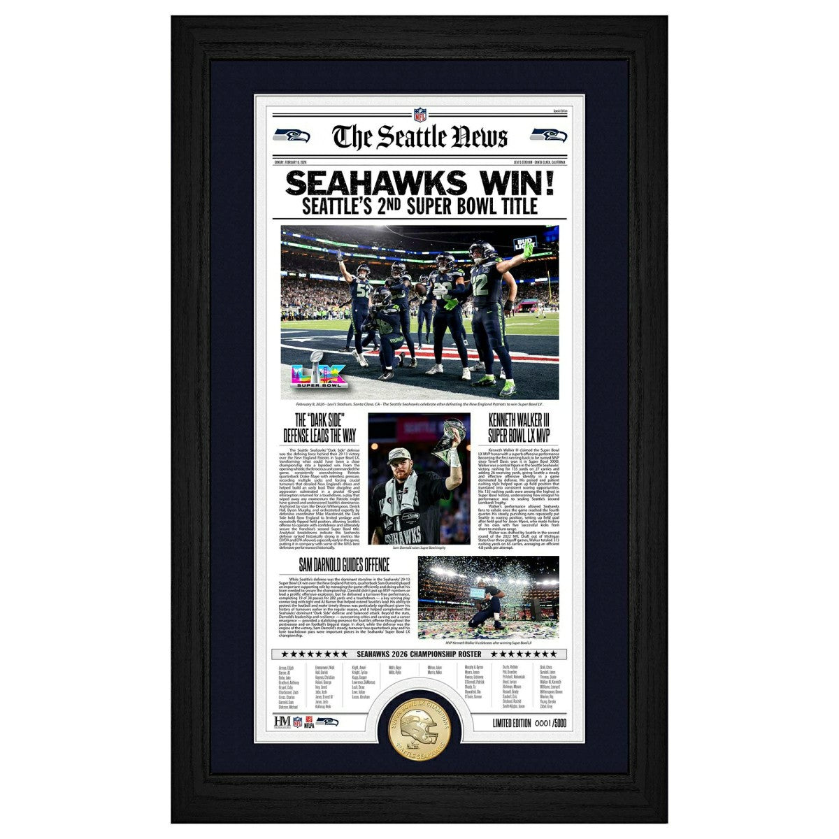 Seattle Seahawks Super Bowl LX Champions Newspaper NFL Frame Lifestyle
