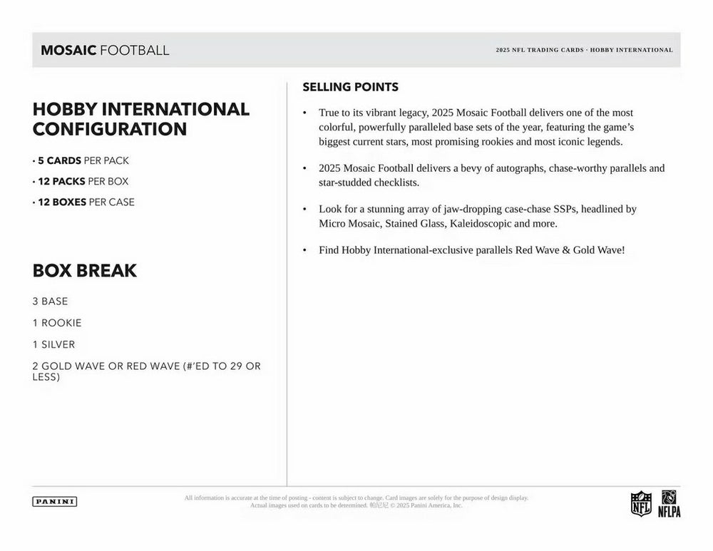 2025 Panini Mosaic Football International Hobby Box Taass sale