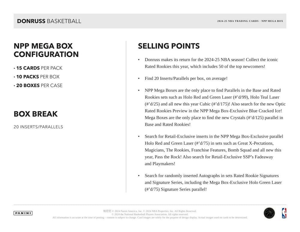 2024/25 Panini Donruss Basketball NBA Mega Box Taass for sale