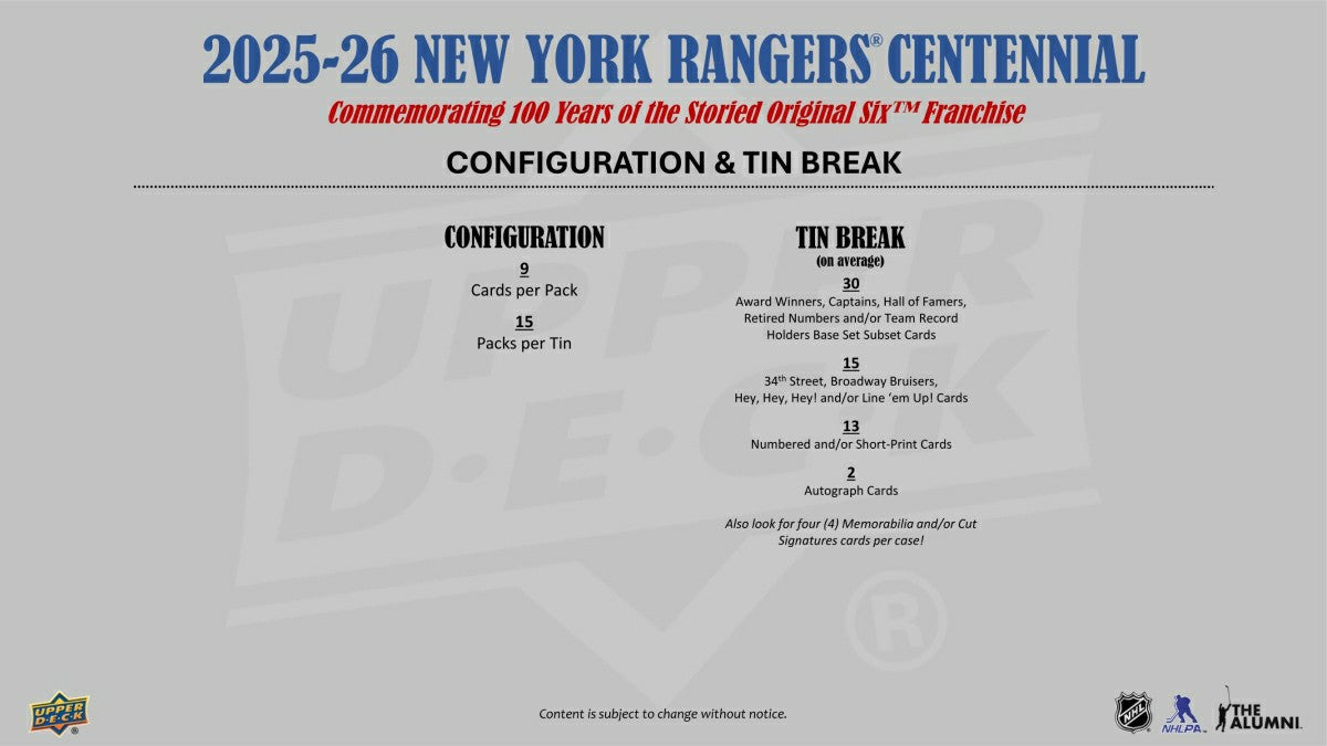 2025/26 Upper Deck New York Rangers 100 Years Centennial Hockey Hobby Tin Lifestyle