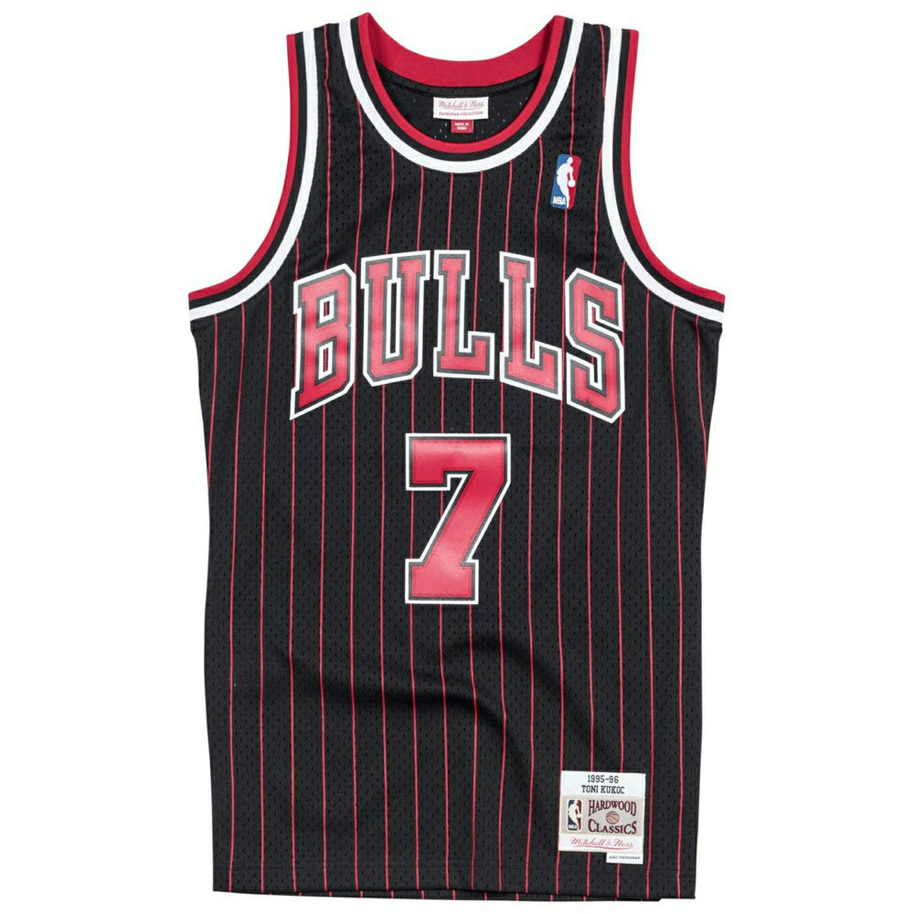 Toni Kukoc #7 Chicago Bulls 1995-96 Mitchell & Ness Swingman NBA Jersey Pinstripe Taass for sale