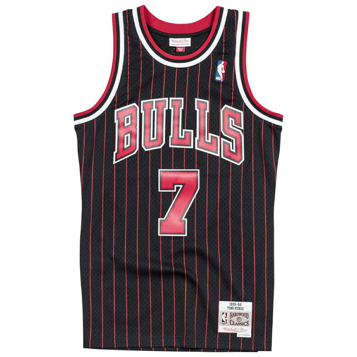 Toni Kukoc #7 Chicago Bulls 1995-96 Mitchell & Ness Swingman NBA Jersey Pinstripe Taass for sale