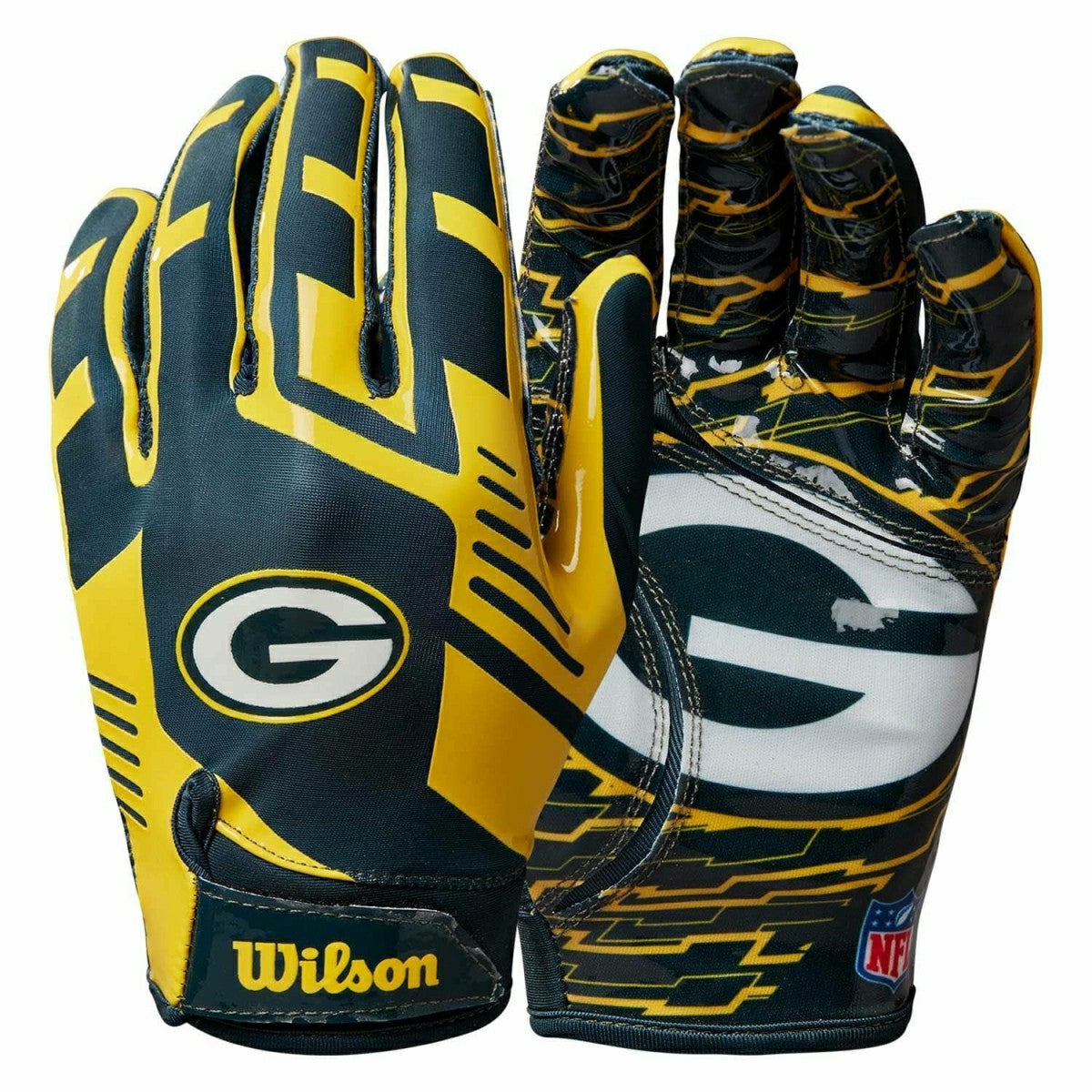 Green Bay Packers Wilson Youth Stretch-Fit NFL Receivers Gloves (KIDS) Taass sale