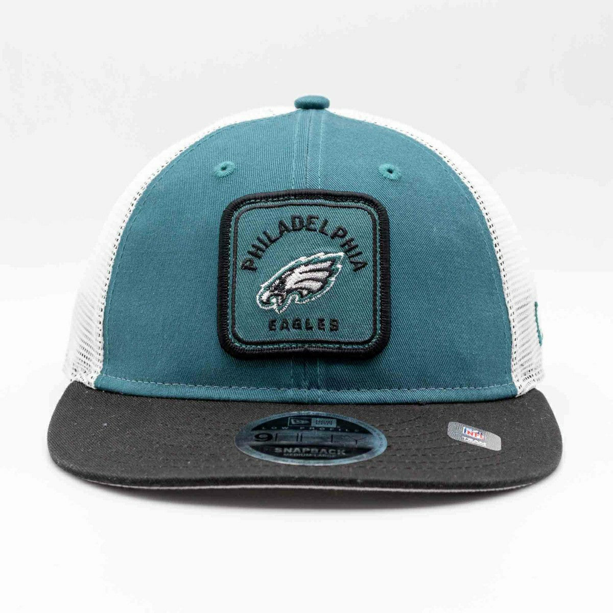 Philadelphia Eagles Patch Trucker New Era Low Profile 9FIFTY Snapback Cap Lifestyle