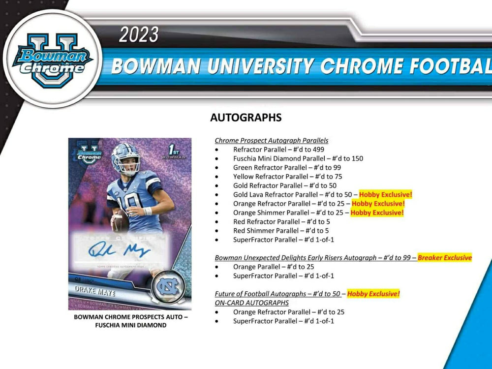 2023 Bowman Chrome University Football NCAA Hobby Box Classic