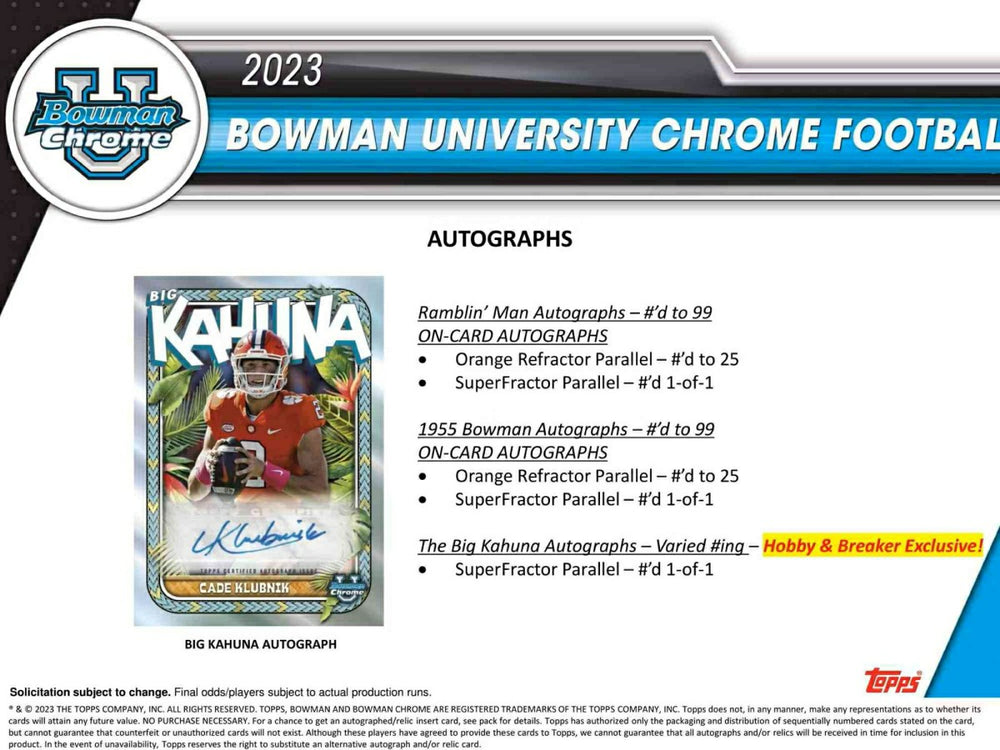 2023 Bowman Chrome University Football NCAA Hobby Box Classic