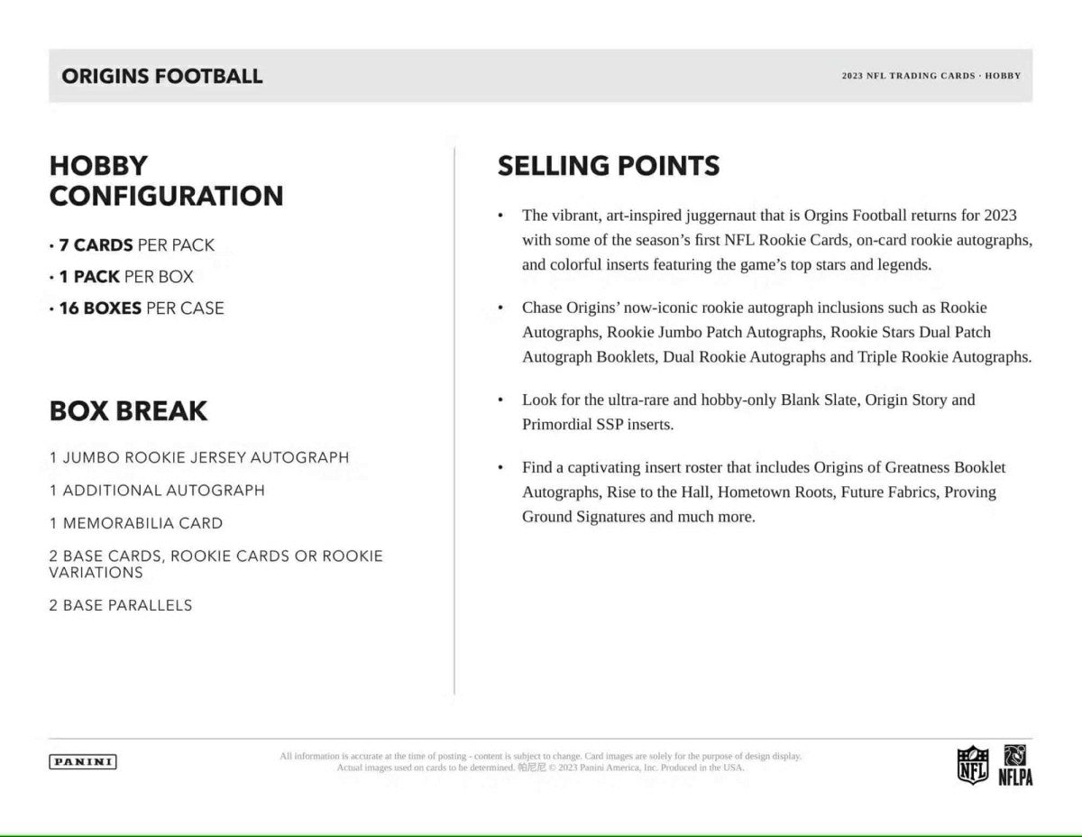 2023 Panini Origins NFL Football Hobby Box Classic