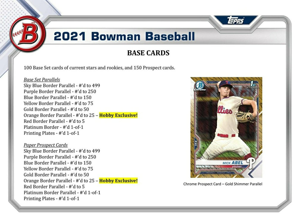 2021 Bowman Baseball Hobby Box MLB Taass US
