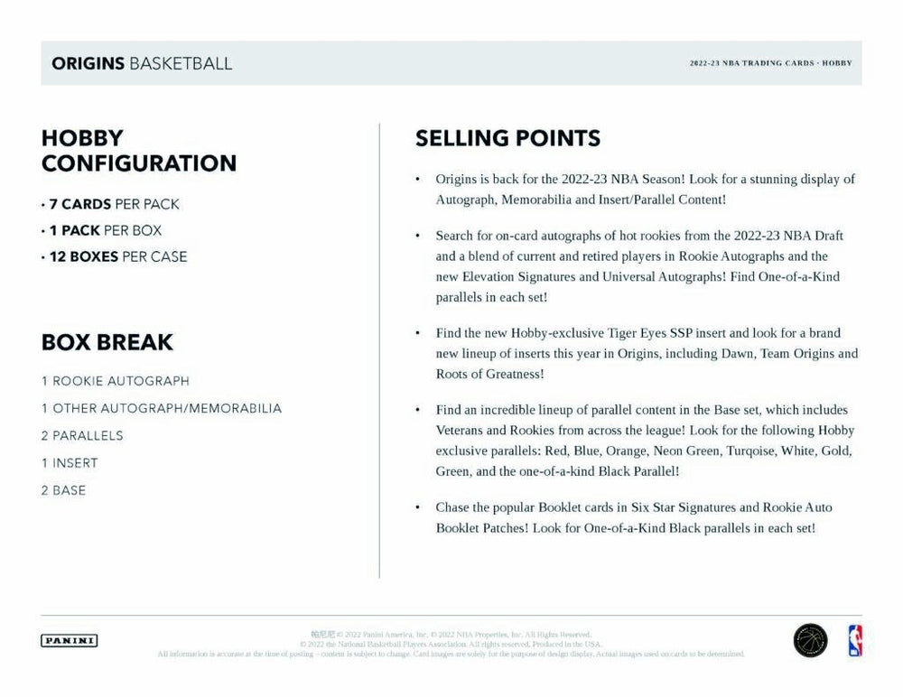 2022/23 Panini Origins Basketball NBA Hobby Box Fashion