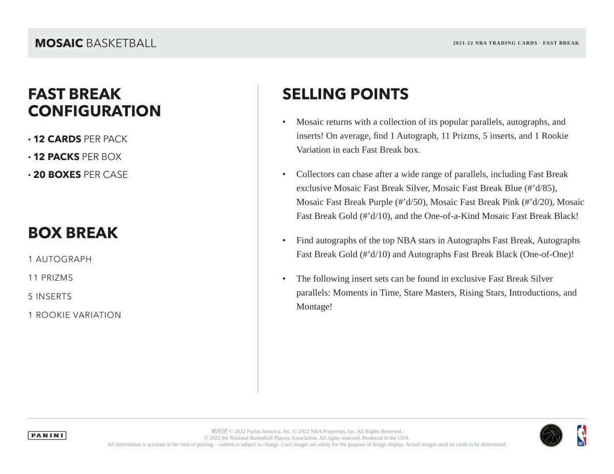 2021/22 Panini Mosaic Basketball NBA Fast Break Pack Taass US