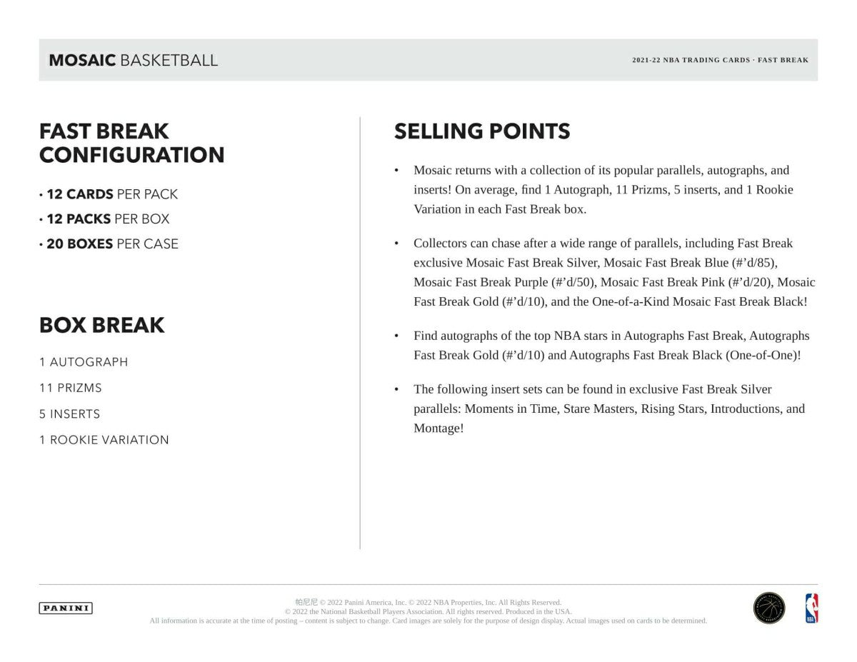 2021/22 Panini Mosaic Basketball NBA Fast Break Box Classic